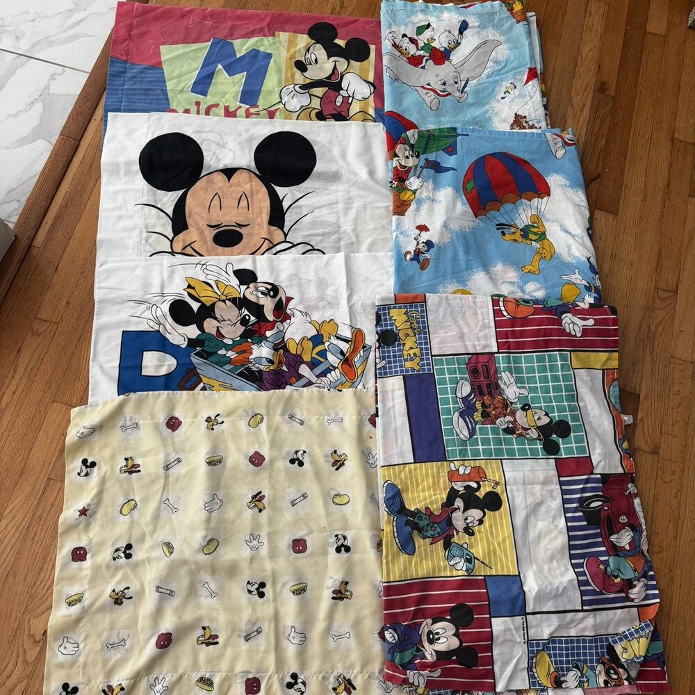 Vtg Lot 7 80's Pacific Disney Mickey Mouse Twin Flat BED Sheet FABRIC pillowcase